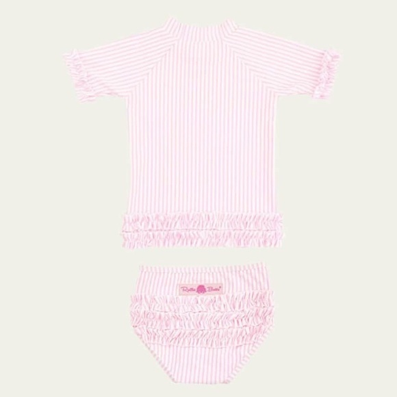 RuffleButts seersucker One Piece Rash guard Swimsuit 6/9m - Picture 2 of 5